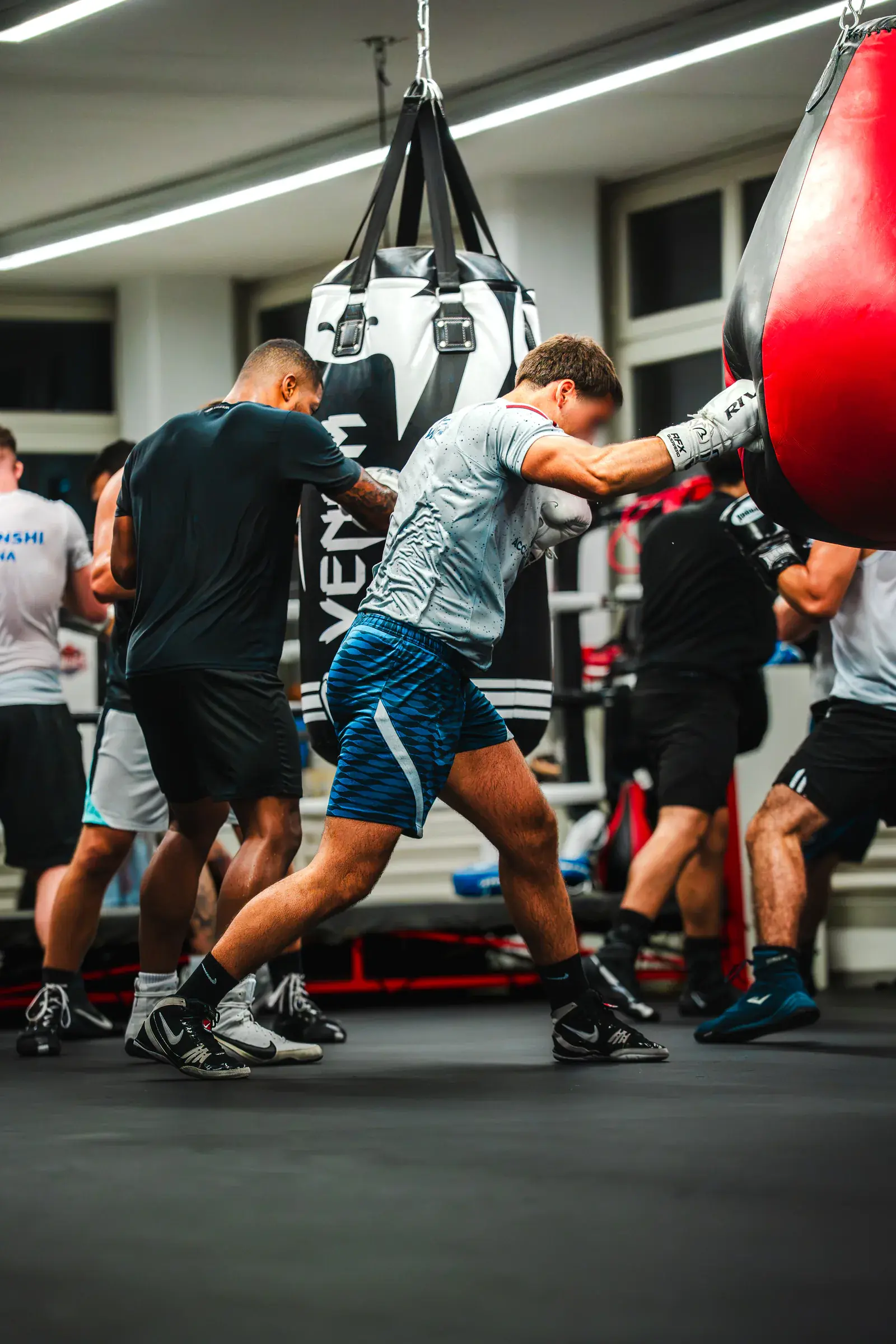 Boxer in grauem Shirt und blauen Shorts schlägt in einen roten Sack, dahinter trainieren weitere Boxer an den Sandsäcken.