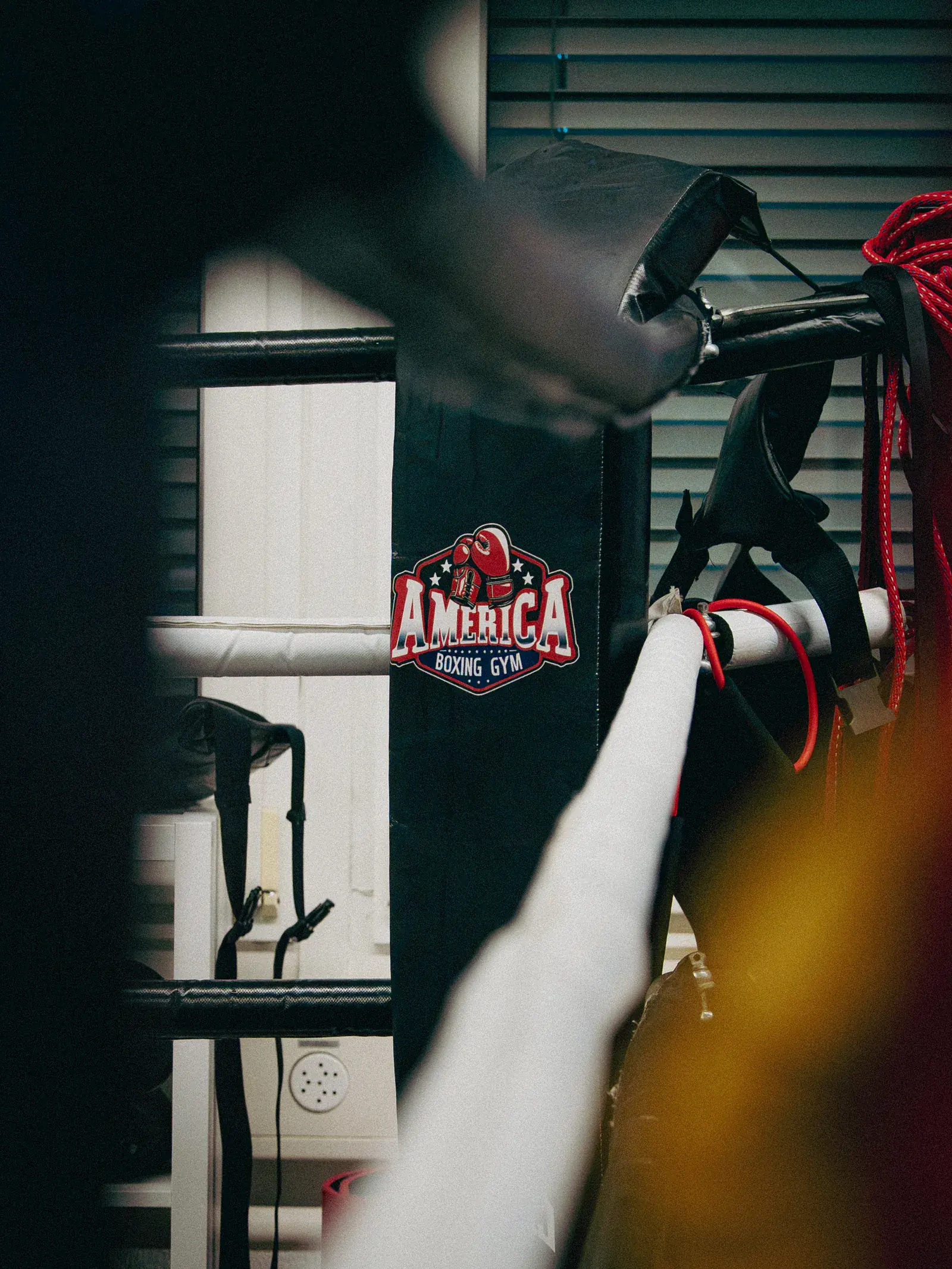 Ringecke mit dem Logo des America Boxing Gym auf dem Eckpolster, davor die weissen Ringseile.